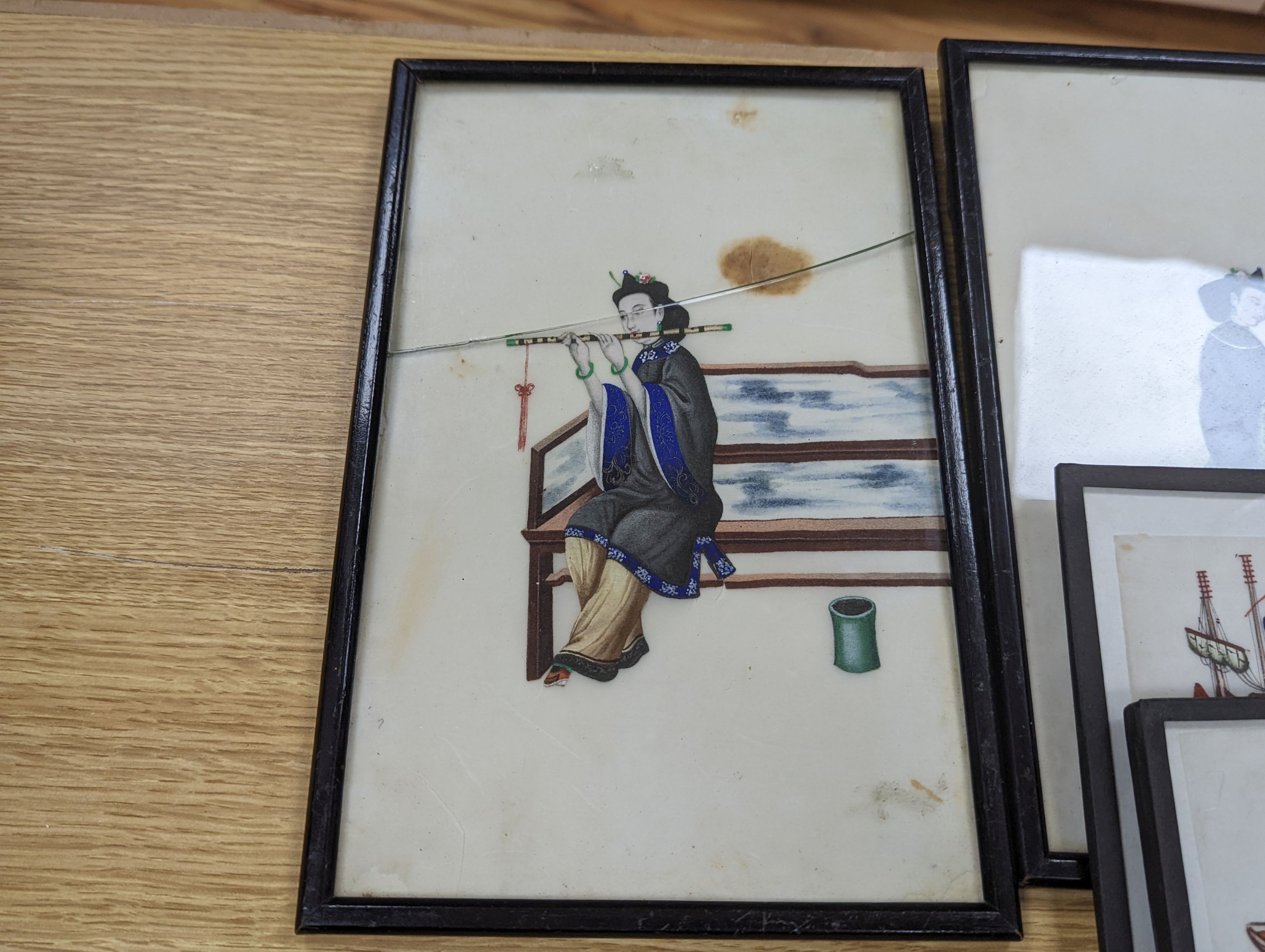 Eight assorted Chinese gouache on pith paper, Studies of figures and junks, largest 27 x 17cm